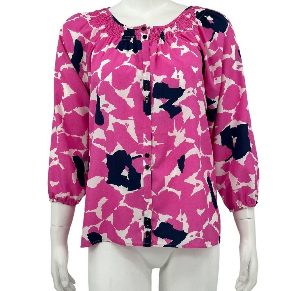 Yumi Kim Top Womens Small Pink Isi Abstract Smocked Button Up Artsy Office‎ Work
